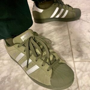 Adidas Superstar shoes, olive & retroreflective silver, men 5.5, women 6.5